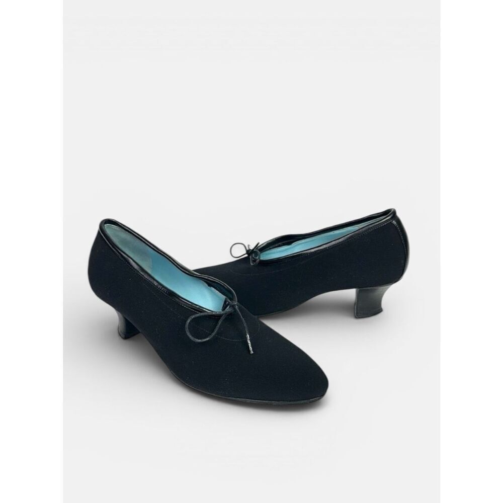 Thierry Rabotin Black Heels Pumps Canvas & Leather Bow Details Italy 38 1/2 US 8